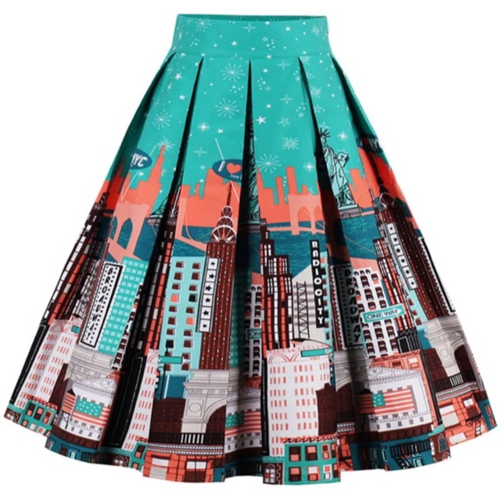 Whimsical I Love N.Y. New York Pleated Midi Skirt
